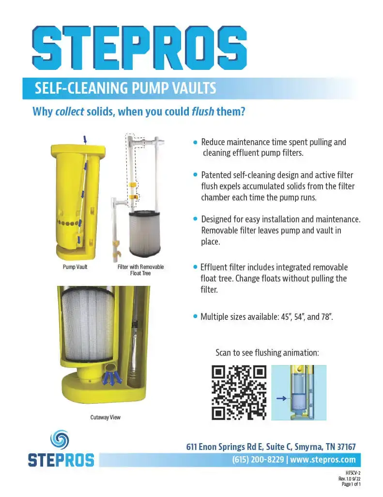 A brochure for the Stepros Self-Cleaning Pump Vault