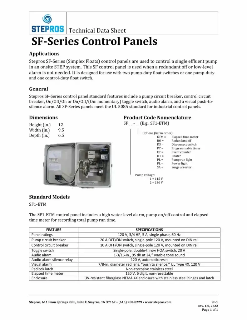 Stepros SF Series Control Panel Technical Data Sheet