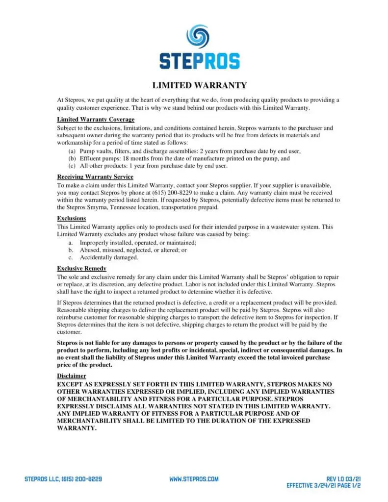 Stepros Product Warranty PDF
